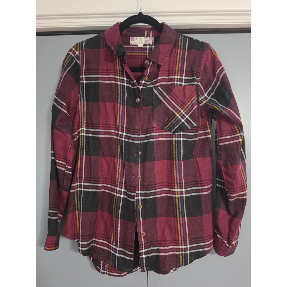 Pink Rose Flannel Shirt Women Small Burgundy Excellent Plaid Button Down Pocket